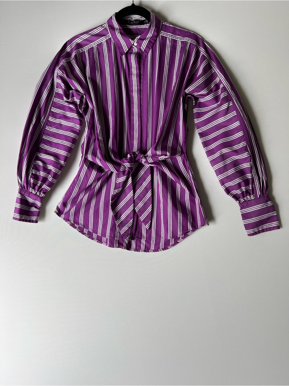Ralph Lauren Striped Purple Button-Up Shirt with Tie Waist